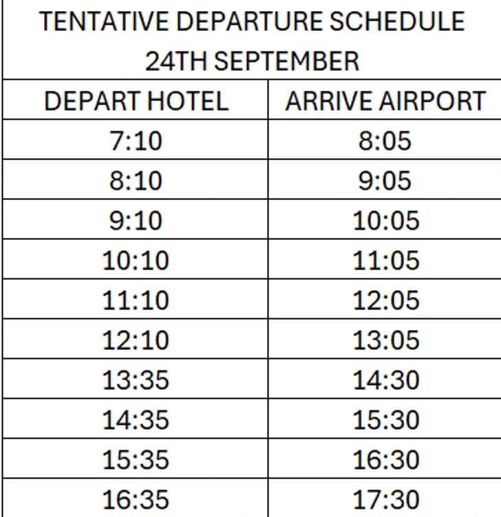 Departure schedule — hotel to airport